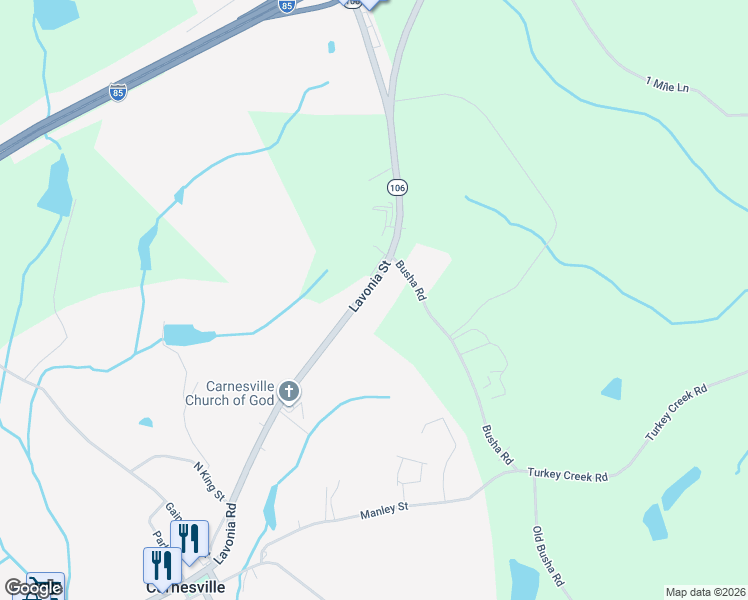 map of restaurants, bars, coffee shops, grocery stores, and more near 10416 Georgia 106 in Carnesville