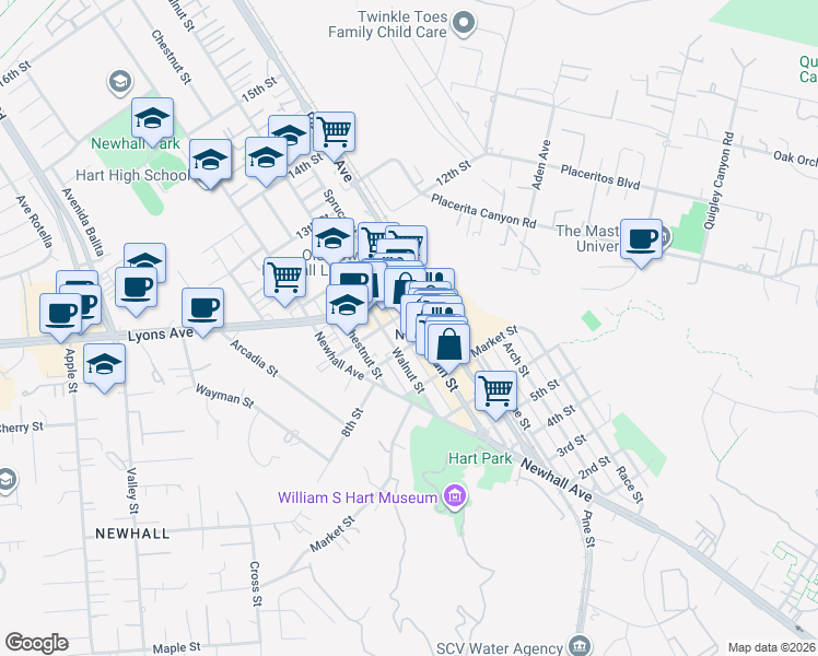 map of restaurants, bars, coffee shops, grocery stores, and more near 24346 Main Street in Santa Clarita