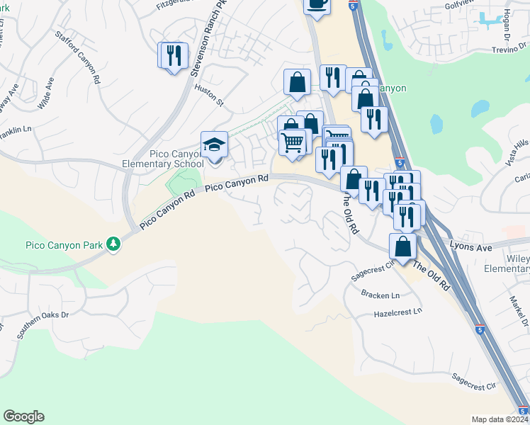map of restaurants, bars, coffee shops, grocery stores, and more near Grazia Lane in Stevenson Ranch