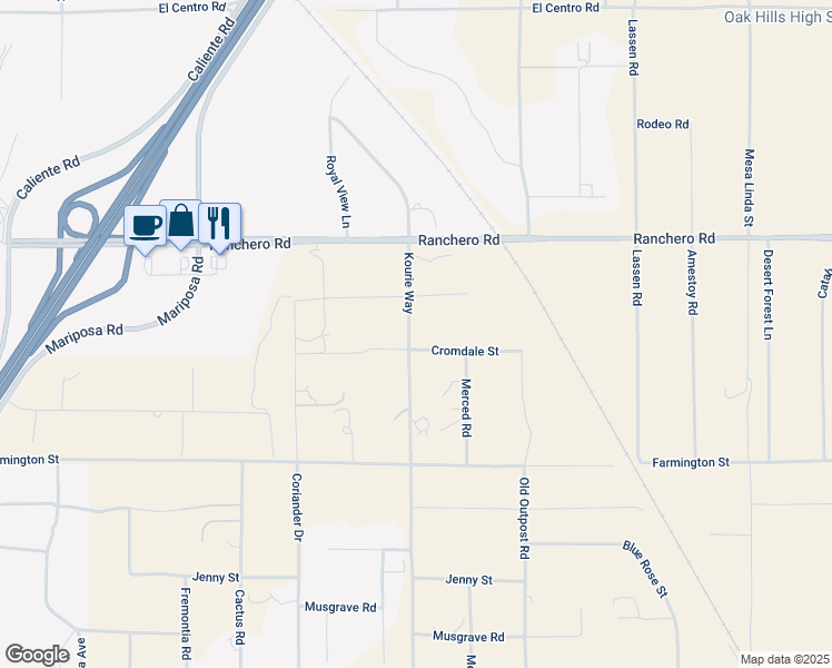 map of restaurants, bars, coffee shops, grocery stores, and more near Kourie Way in Oak Hills