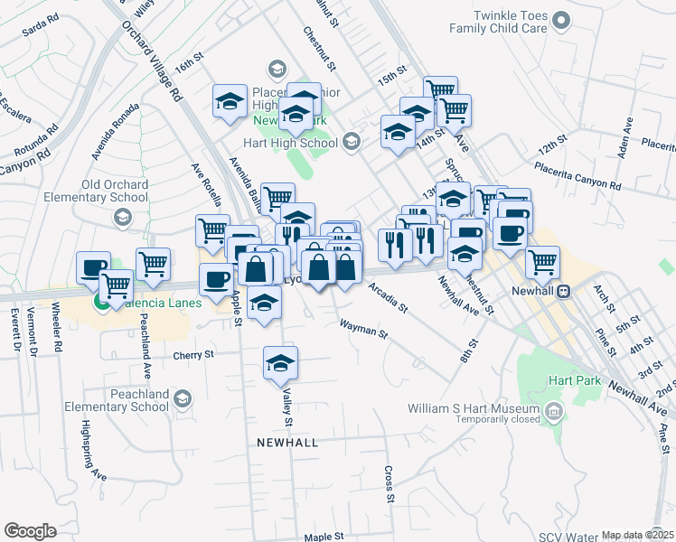 map of restaurants, bars, coffee shops, grocery stores, and more near 23125 Lyons Avenue in Santa Clarita