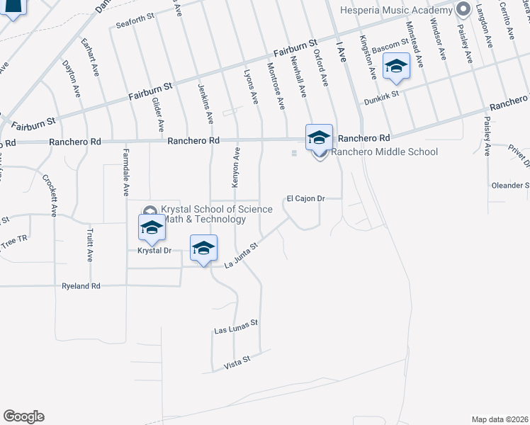 map of restaurants, bars, coffee shops, grocery stores, and more near 7090 Lyons Avenue in Hesperia