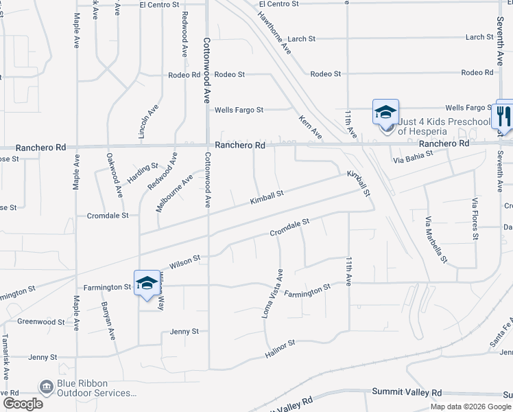 map of restaurants, bars, coffee shops, grocery stores, and more near 15133 Kimball Street in Hesperia