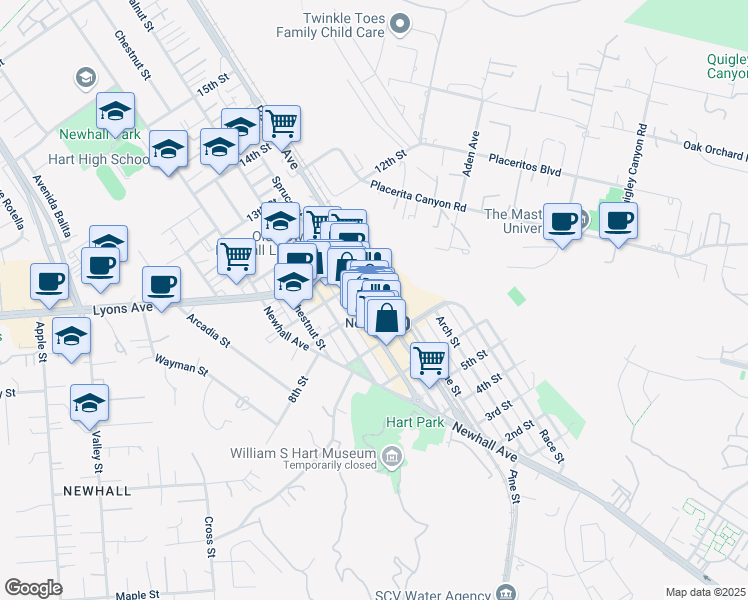 map of restaurants, bars, coffee shops, grocery stores, and more near 24346 Main Street in Santa Clarita