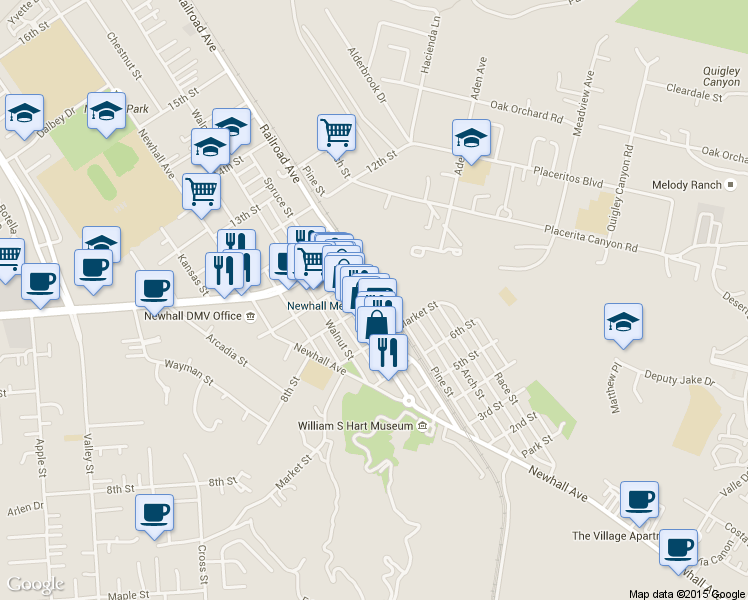 map of restaurants, bars, coffee shops, grocery stores, and more near 24304 Railroad Avenue in Santa Clarita