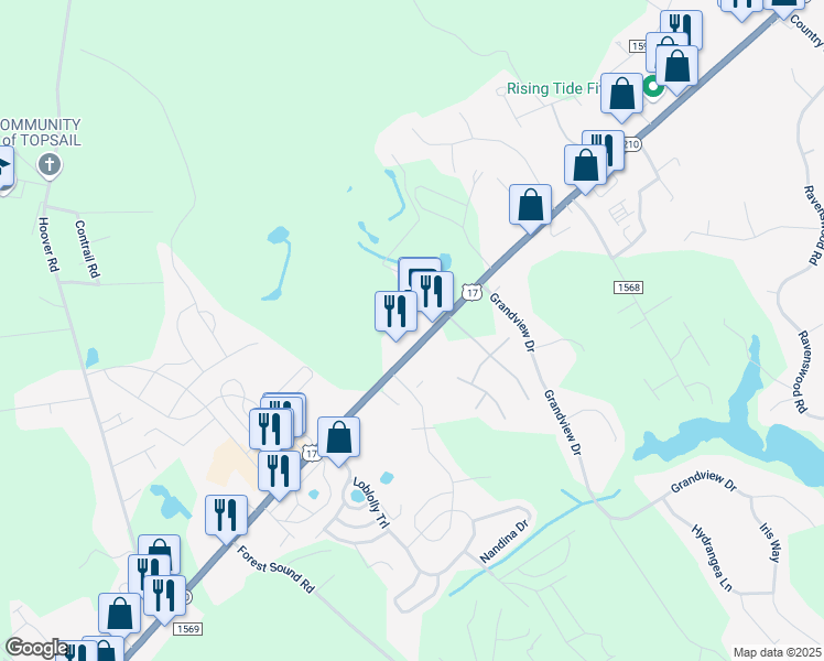 map of restaurants, bars, coffee shops, grocery stores, and more near 15841 U.S. 17 in Hampstead