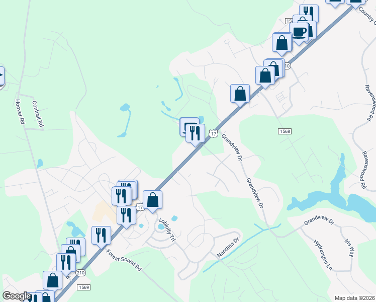 map of restaurants, bars, coffee shops, grocery stores, and more near 15919 U.S. 17 in Hampstead