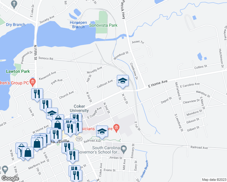 map of restaurants, bars, coffee shops, grocery stores, and more near 520 East Home Avenue in Hartsville