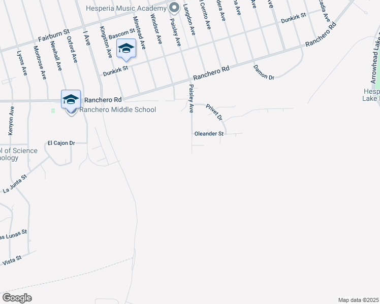 map of restaurants, bars, coffee shops, grocery stores, and more near Paisley Avenue in Hesperia