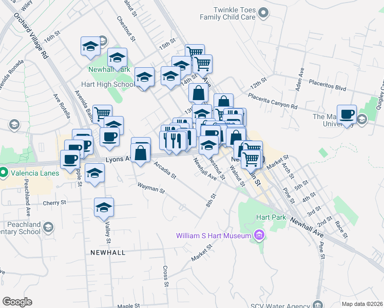 map of restaurants, bars, coffee shops, grocery stores, and more near Lyons Ave & Newhall Ave in Santa Clarita