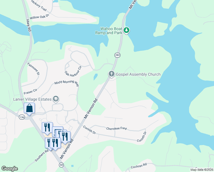 map of restaurants, bars, coffee shops, grocery stores, and more near 3797 Mount Vernon Road in Gainesville