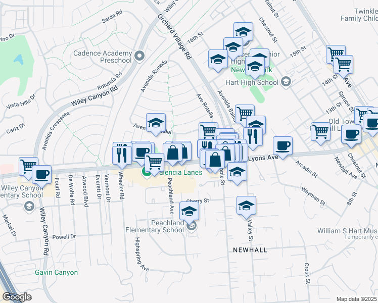 map of restaurants, bars, coffee shops, grocery stores, and more near 23515 Lyons Avenue in Santa Clarita