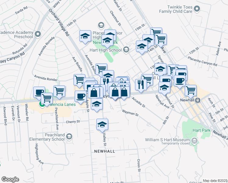 map of restaurants, bars, coffee shops, grocery stores, and more near 23217 Lyons Avenue in Santa Clarita
