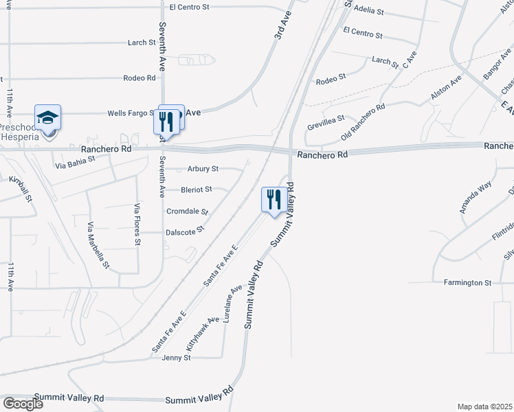 map of restaurants, bars, coffee shops, grocery stores, and more near 7146 Santa Fe Avenue East in Hesperia