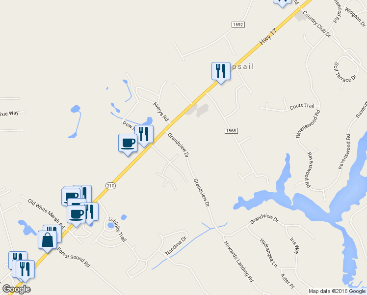 map of restaurants, bars, coffee shops, grocery stores, and more near 67 Grandview Drive in Hampstead