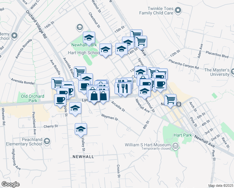 map of restaurants, bars, coffee shops, grocery stores, and more near 24523 Kansas Street in Santa Clarita