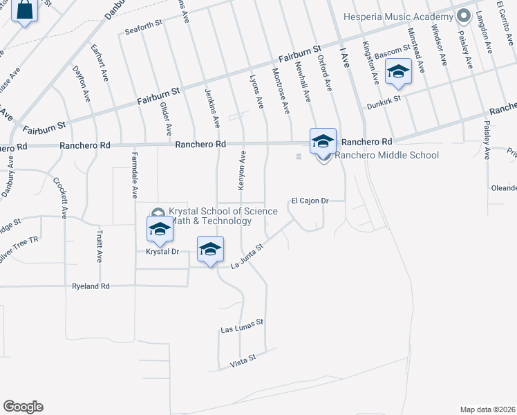map of restaurants, bars, coffee shops, grocery stores, and more near 7120 Lyons Avenue in Hesperia