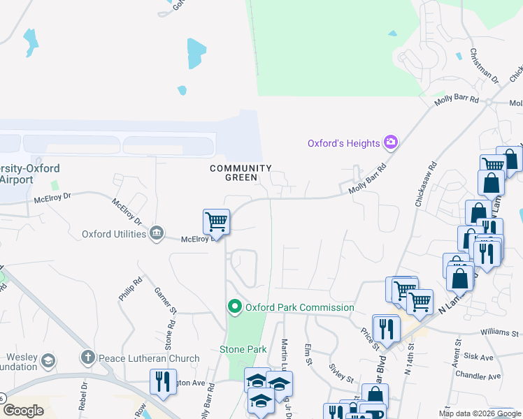 map of restaurants, bars, coffee shops, grocery stores, and more near Oxford Depot Trail in Oxford