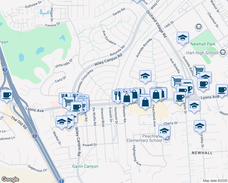 map of restaurants, bars, coffee shops, grocery stores, and more near 25320 Avenida Cappela in Santa Clarita