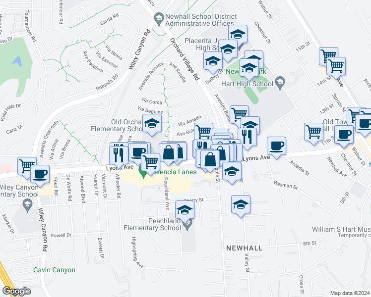map of restaurants, bars, coffee shops, grocery stores, and more near 200a Lyons Avenue in Santa Clarita