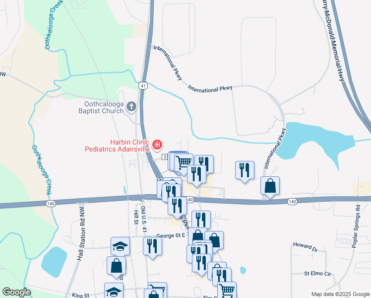 map of restaurants, bars, coffee shops, grocery stores, and more near 111 Madison Place in Adairsville