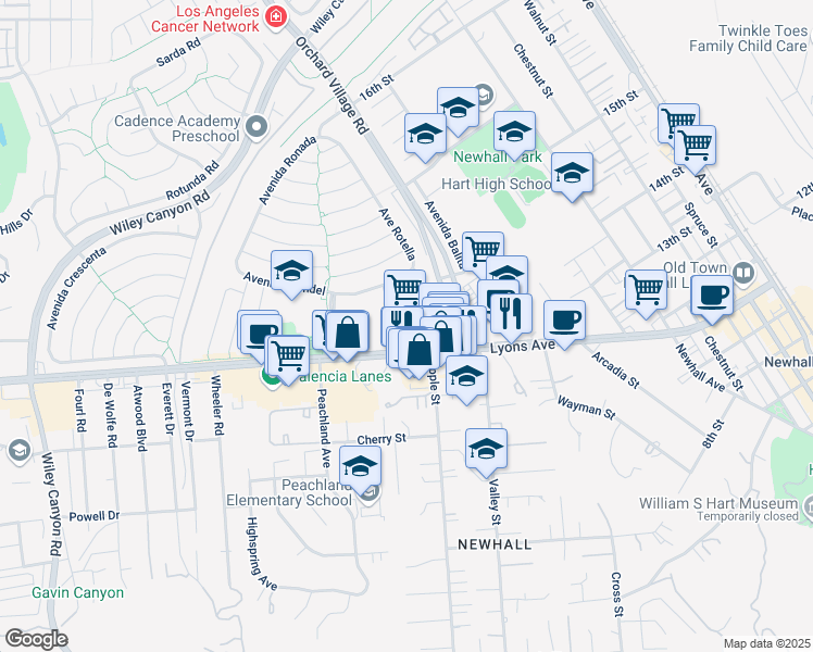 map of restaurants, bars, coffee shops, grocery stores, and more near 23351 Lyons Avenue in Santa Clarita
