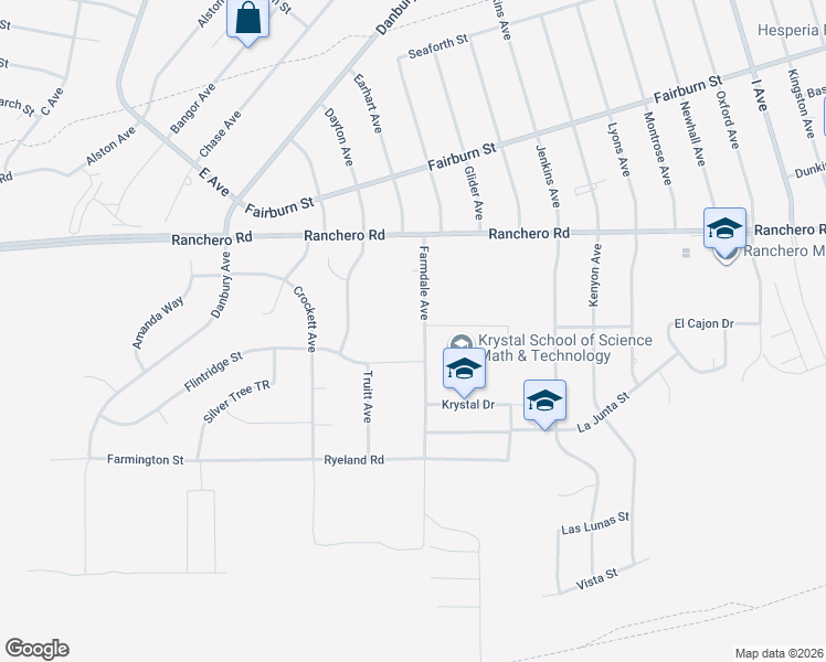 map of restaurants, bars, coffee shops, grocery stores, and more near 7128 Farmdale Avenue in Hesperia