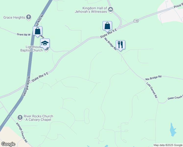 map of restaurants, bars, coffee shops, grocery stores, and more near 68 Harbour Drive in Dawsonville