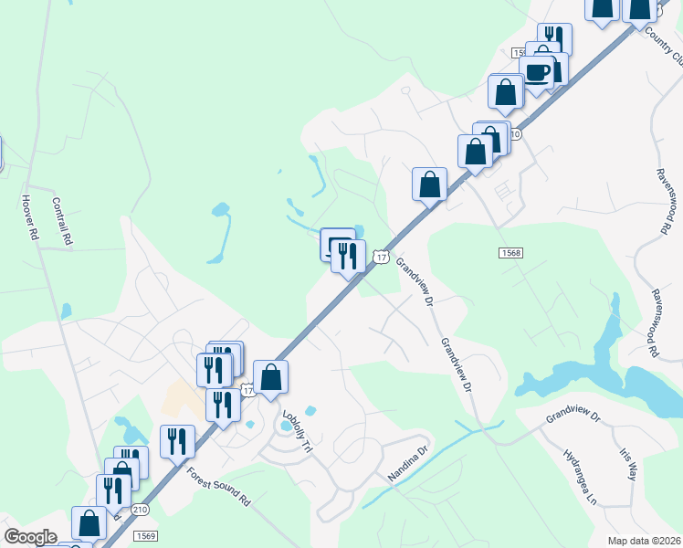 map of restaurants, bars, coffee shops, grocery stores, and more near 15919 U.S. 17 in Hampstead