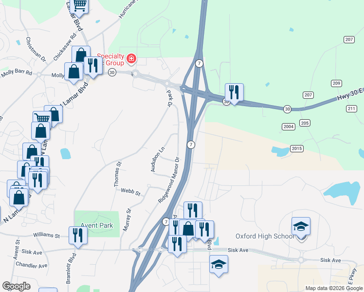 map of restaurants, bars, coffee shops, grocery stores, and more near Highway 7 in Oxford