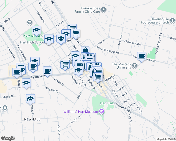 map of restaurants, bars, coffee shops, grocery stores, and more near 24500 Main Street in Santa Clarita