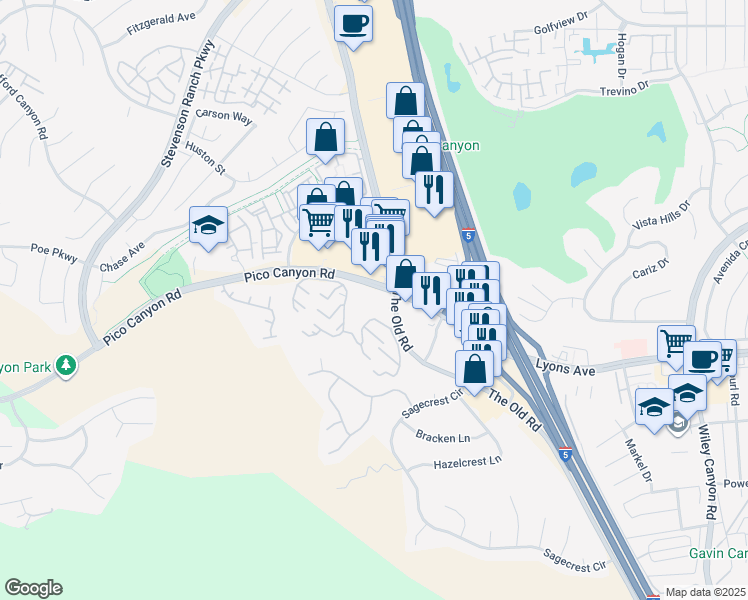 map of restaurants, bars, coffee shops, grocery stores, and more near 24925 Pico Canyon Road in Stevenson Ranch