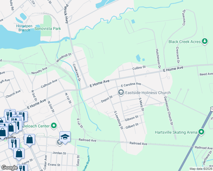 map of restaurants, bars, coffee shops, grocery stores, and more near 806 East Home Avenue in Hartsville