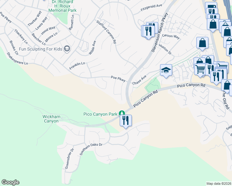 map of restaurants, bars, coffee shops, grocery stores, and more near 25340 Irving Lane in Stevenson Ranch