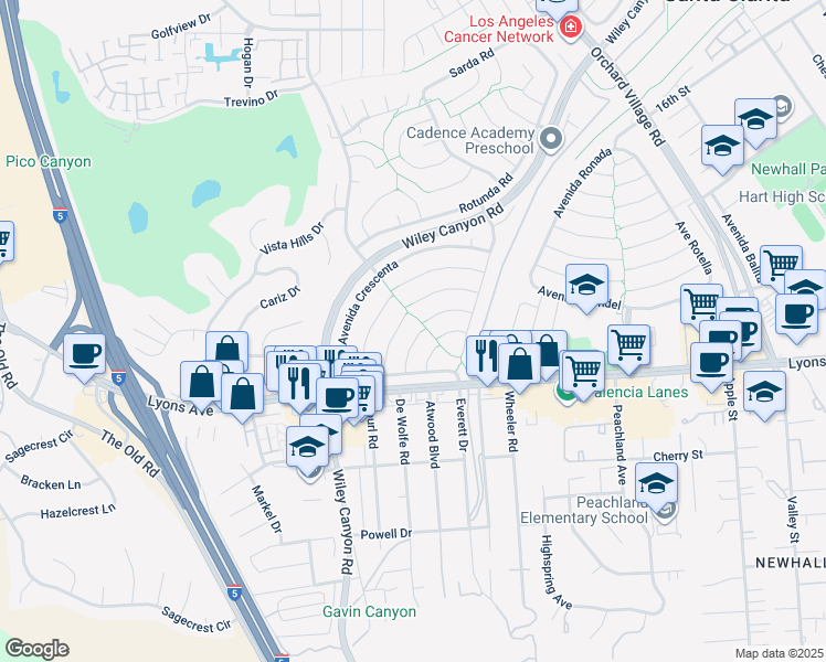 map of restaurants, bars, coffee shops, grocery stores, and more near 25332 Vía Artina in Santa Clarita