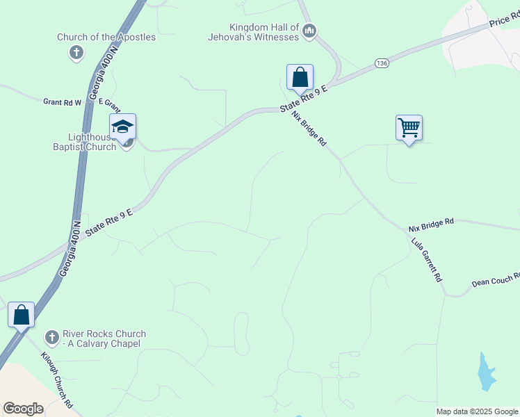 map of restaurants, bars, coffee shops, grocery stores, and more near 68 Harbour Drive in Dawsonville