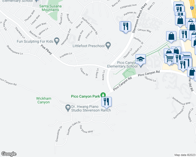 map of restaurants, bars, coffee shops, grocery stores, and more near 25340 Irving Lane in Stevenson Ranch