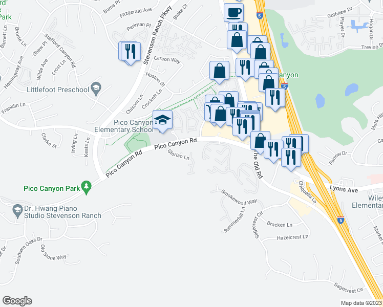 map of restaurants, bars, coffee shops, grocery stores, and more near 25354 Splendido Court in Stevenson Ranch