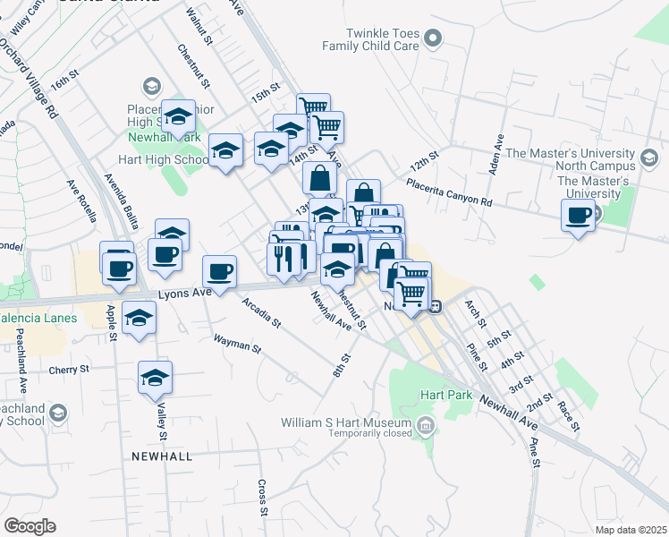 map of restaurants, bars, coffee shops, grocery stores, and more near 22777 Lyons Avenue in Santa Clarita