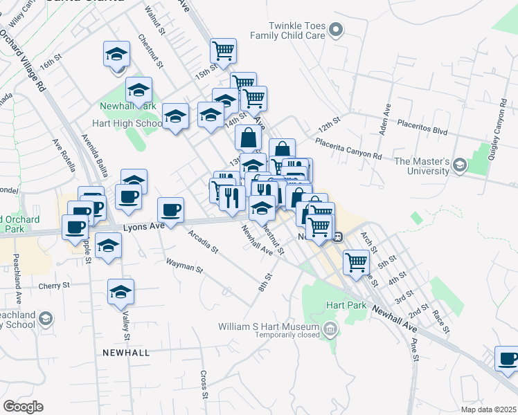 map of restaurants, bars, coffee shops, grocery stores, and more near 22777 Lyons Avenue in Santa Clarita