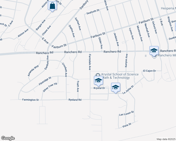 map of restaurants, bars, coffee shops, grocery stores, and more near 7144 Farmdale Avenue in Hesperia