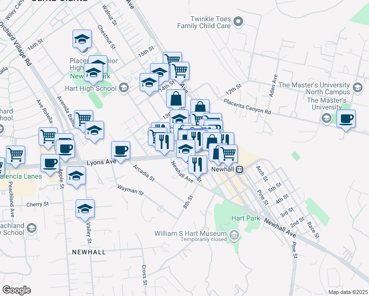 map of restaurants, bars, coffee shops, grocery stores, and more near 24529 Walnut Street in Santa Clarita