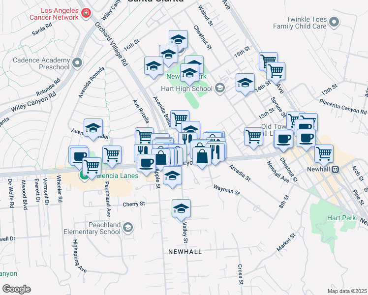 map of restaurants, bars, coffee shops, grocery stores, and more near 24860 Orchard Village Road in Santa Clarita