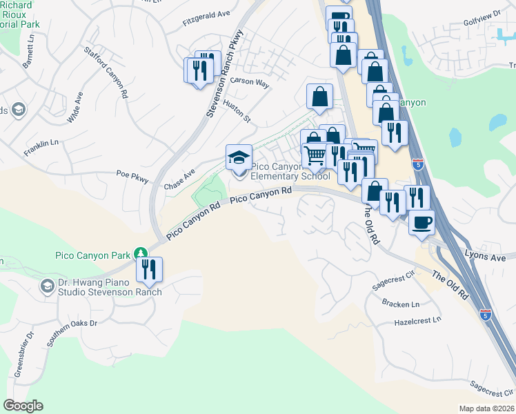 map of restaurants, bars, coffee shops, grocery stores, and more near 25255 Pico Canyon Road in Stevenson Ranch