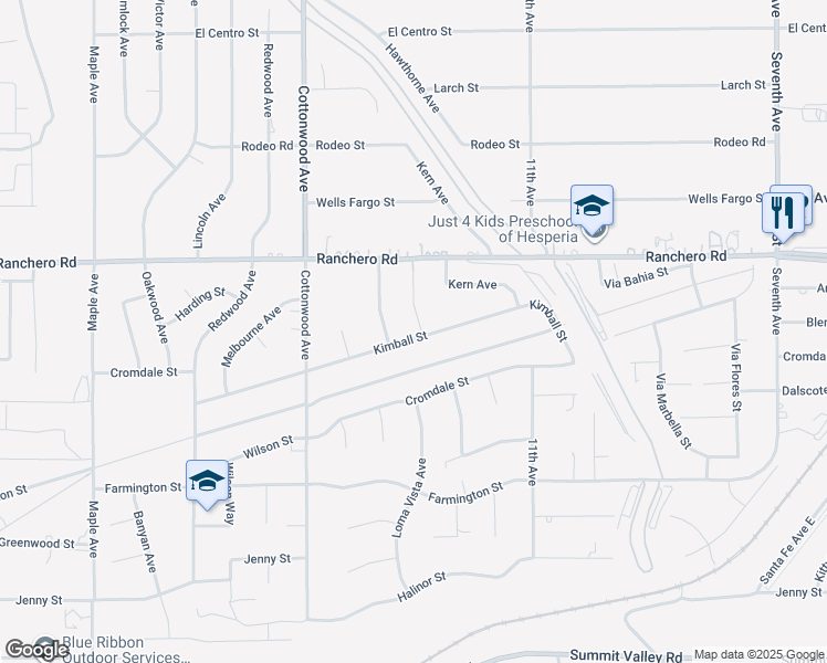 map of restaurants, bars, coffee shops, grocery stores, and more near 15192 Kimball Street in Hesperia