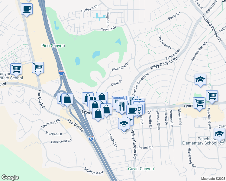 map of restaurants, bars, coffee shops, grocery stores, and more near 25383 Fortuna Drive in Santa Clarita