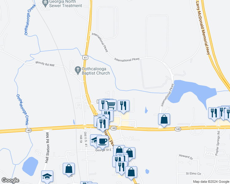 map of restaurants, bars, coffee shops, grocery stores, and more near 142 Madison Place in Adairsville