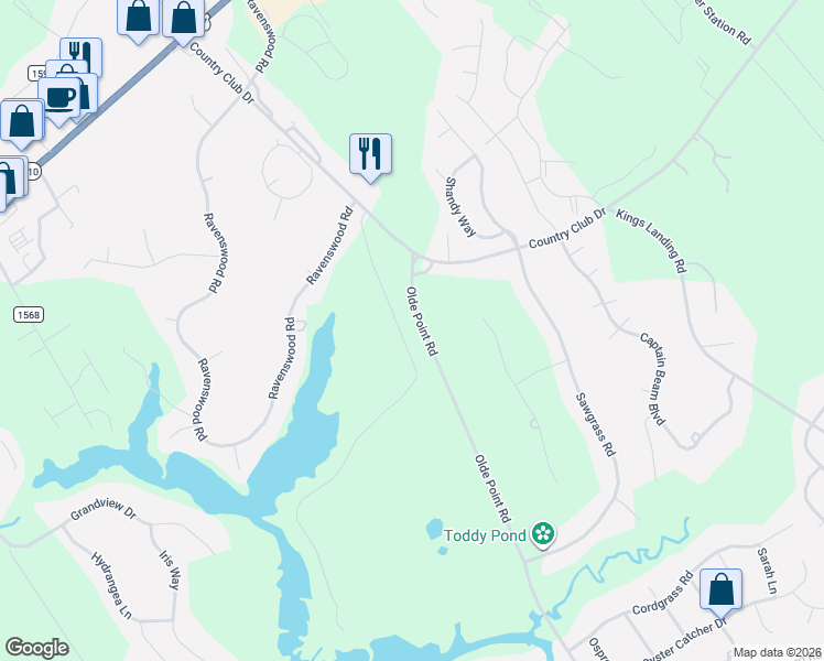 map of restaurants, bars, coffee shops, grocery stores, and more near 108 Olde Point Road in Hampstead