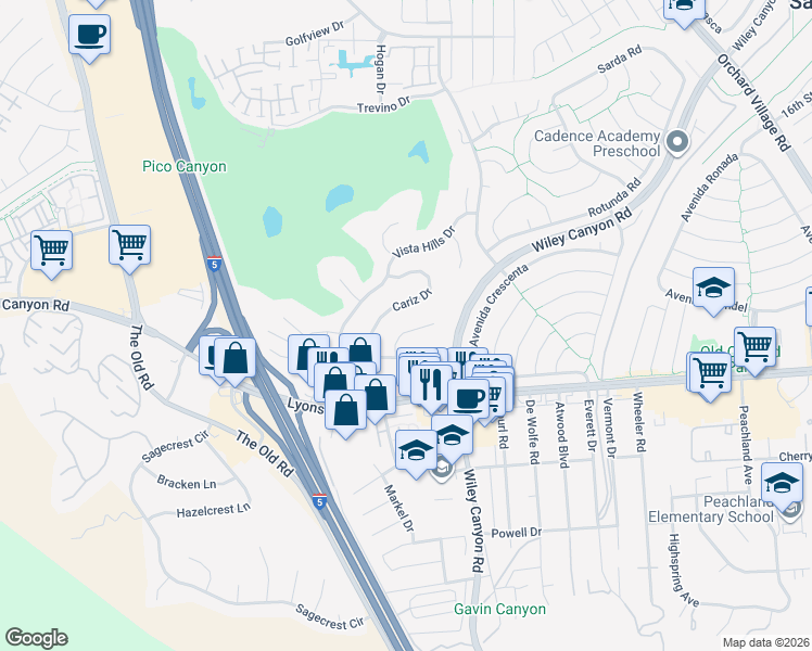 map of restaurants, bars, coffee shops, grocery stores, and more near 25389 Fortuna Drive in Santa Clarita