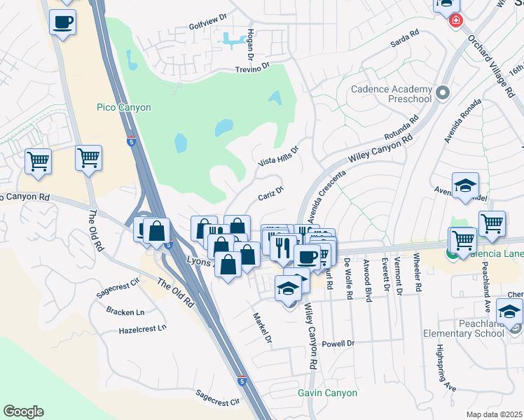 map of restaurants, bars, coffee shops, grocery stores, and more near 25383 Fortuna Drive in Santa Clarita